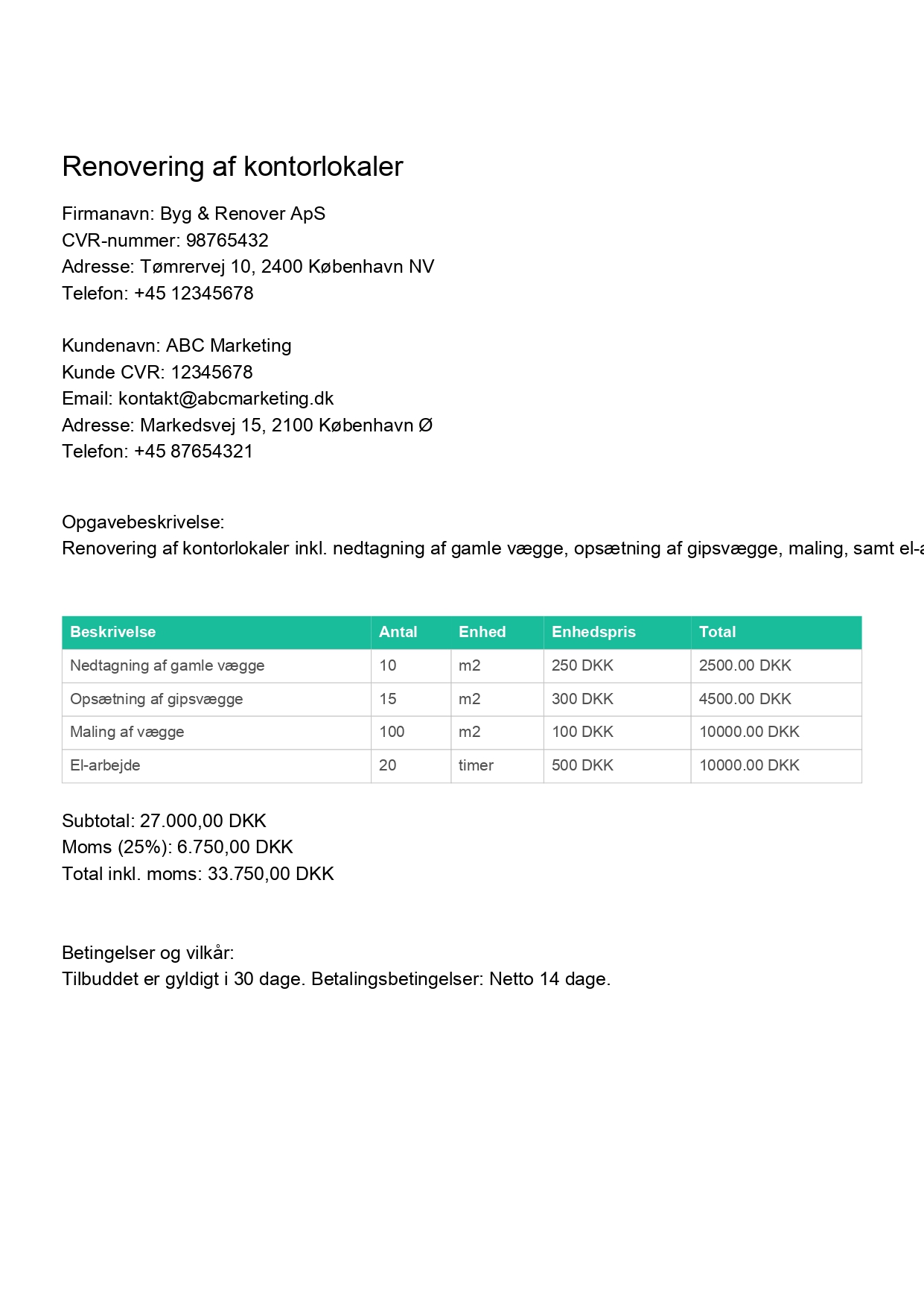 Eksempel på tilbud